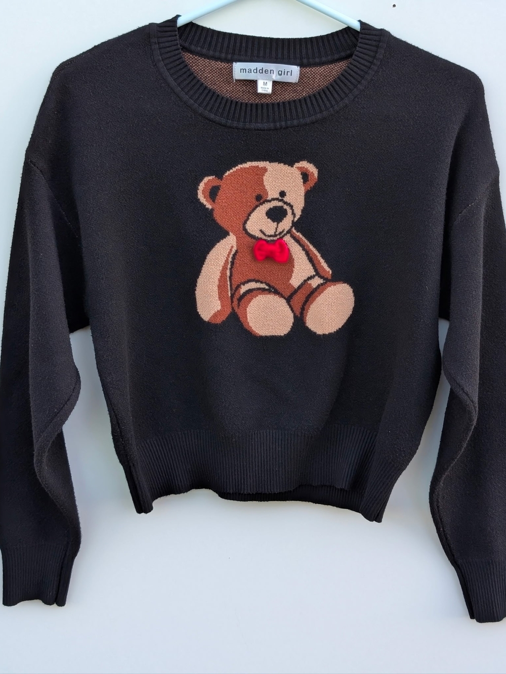 Madden Girl Graphic Black Teddy Bear Knit Sweater M